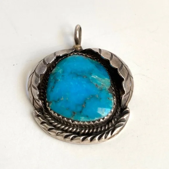 Vintage Turquoise Silver Pendant Necklace Handmade - Picture 4 of 9